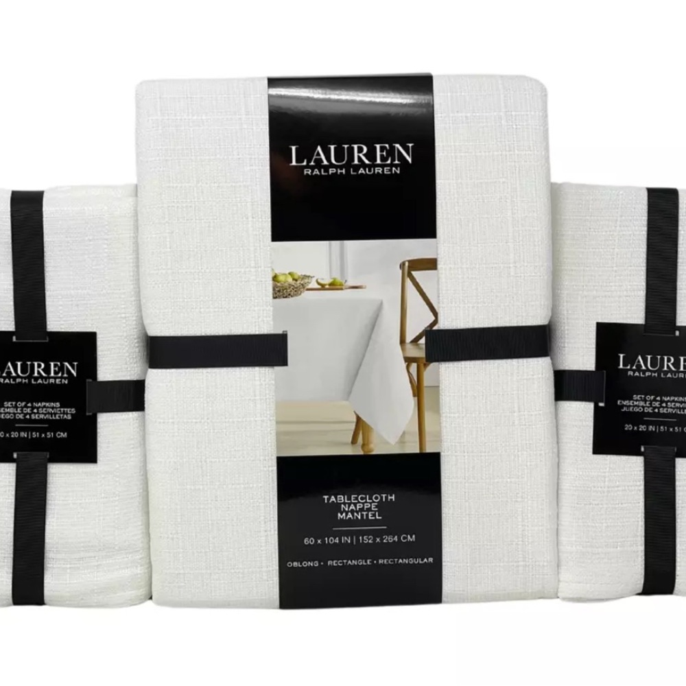 RALPH LAUREN 9PC Set 60 x 104" Holland White Textured Tablecloth & 8 Napkins NEW